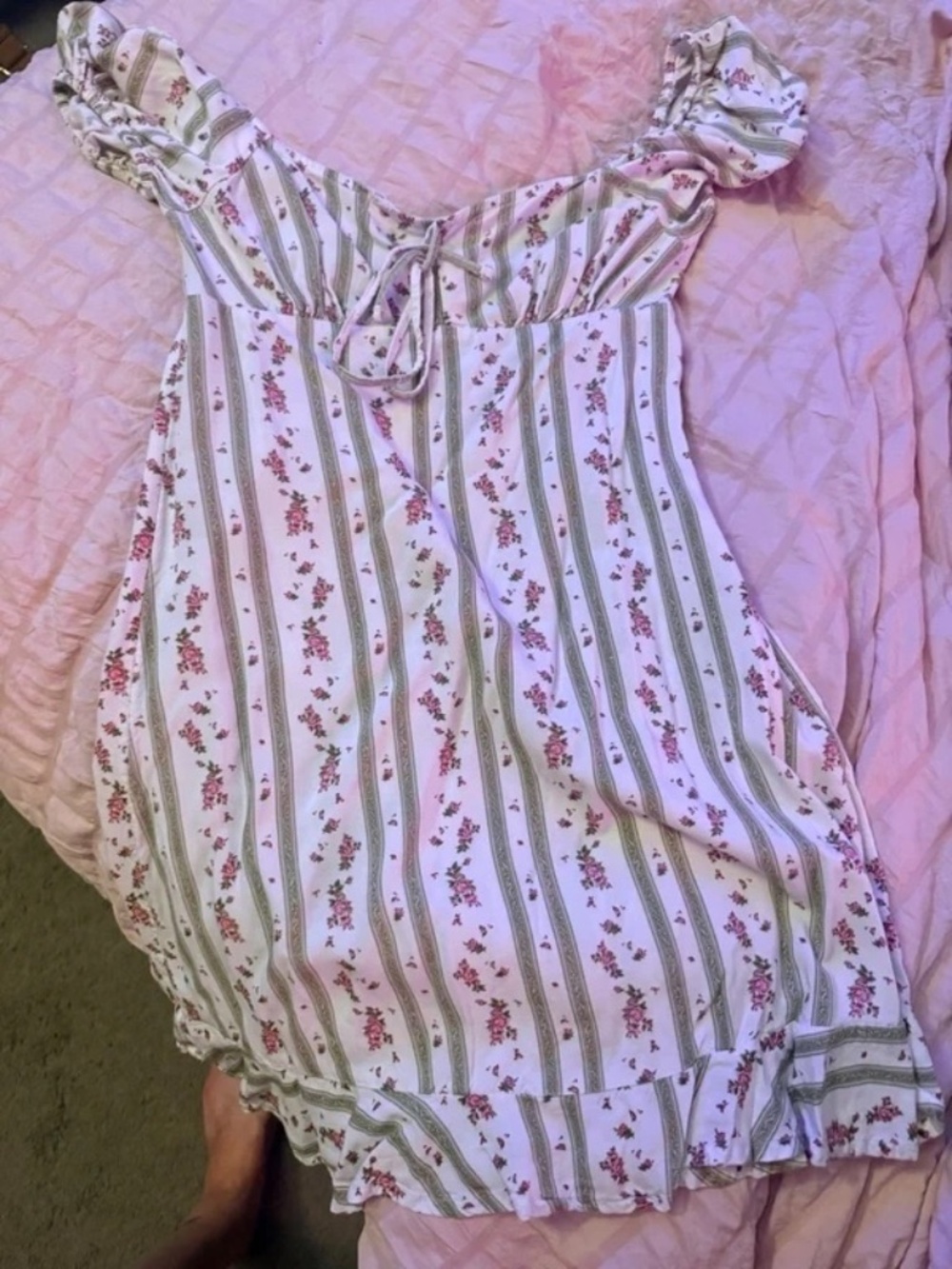 SO Pink Floral Cottagecore Mini Dress with Bow Tie & Ruffles